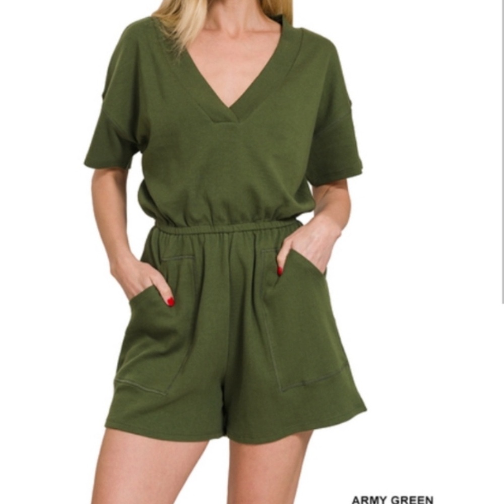 Zenana Outfitters Army Green V-Neck Romper